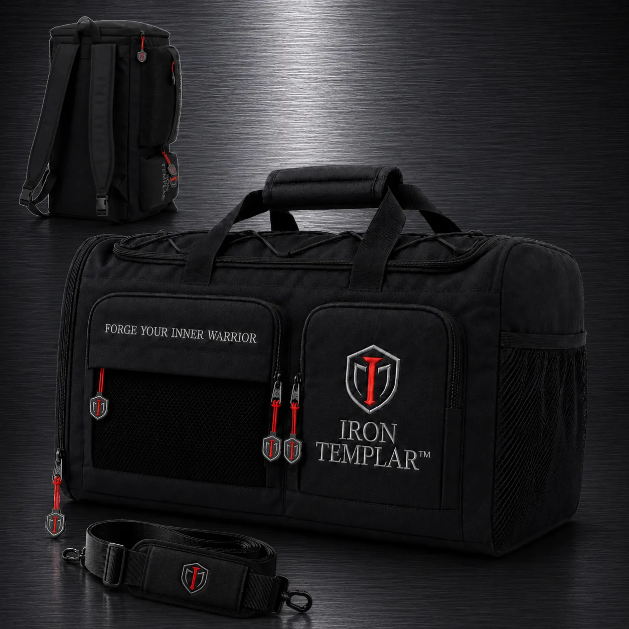 Iron Templar Gym Bag - Heavy Duty Convertible Backpack Duffel Bag with Red Zippers